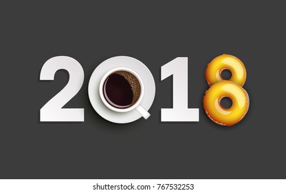 Happy New Year 2018 breakfast coffee & donuts background. Greeting card 2018 cup of coffee & donuts icing flyer. Coffee & donuts of date 2018 year view from above banner. Celebrate breakfast brochure