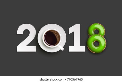 Happy New Year 2018 breakfast coffee & donuts background. Greeting card 2018 cup of coffee & donuts icing flyer. Coffee & donuts of date 2018 year view from above banner. Celebrate breakfast brochure
