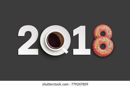 Happy New Year 2018 breakfast coffee & donuts background. Greeting card 2018 cup of coffee & donuts icing flyer. Coffee & donuts of date 2018 year view from above banner. Celebrate breakfast brochure
