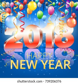 Happy New Year 2018 bright blue colored greeting card with 3D glossy numbers and balloons. Vector template