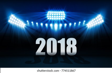 Happy new year 2018 Bright stadium arena lights vector design. Vector illumination