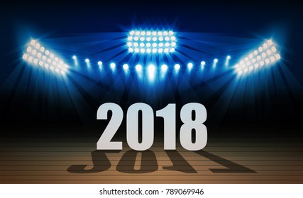 Happy new year 2018 Bright stadium arena lights vector design. Vector illumination