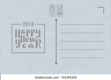 Happy New Year 2018 Calligraphic Wishing on Trendy Postcard Inner Side Blank Template with Doodle Style Logo Lettering - Black Elements on Blue Rough Paper Background - Vector Mixed Graphic Design