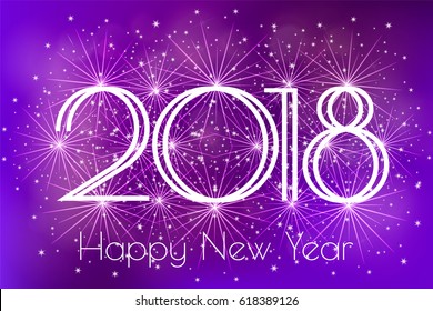 Happy New Year 2018 Card with blue fireworks glowing fire on blurred blue purple background. Poster, greeting card, banner or invitation. Vector illustration EPS 10