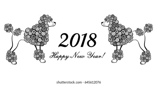 Happy New Year 2018 card. Poodle dogs isolated on white background. Vector Illustration