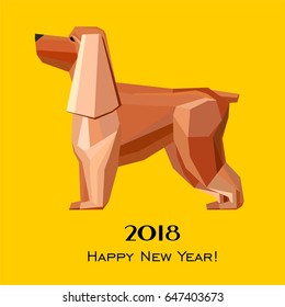 Happy new year 2018 card. Spaniel dog Celebration yellow background with Dog and place for your text. Silhouette. Icon. Sign. Vector Illustration