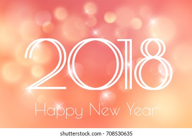 Happy New Year 2018. Card with blue fireworks glowing fire on blurred orange peach background. Poster, greeting card, banner or invitation. Vector illustration
