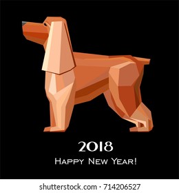 Happy new year 2018 card. Spaniel dog isolated on black background. Silhouette. Icon. Sign. Vector illustration