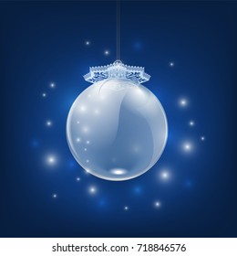 Happy New Year 2018 card. Glass Christmas ball with original delicate ornament on dark blue background. Vector festive illustration with glitters and flashes.