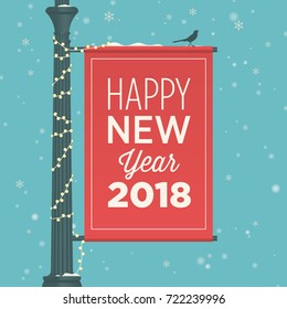 Happy new year 2018 card. Street sign banner. Editable vector design.