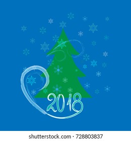 Happy New Year 2018 card. Green spruce on blue background. Symbol of Christmas holiday season. Modern stylish abstract texture. Colorful template for prints, card, banner, etc. Vector illustration