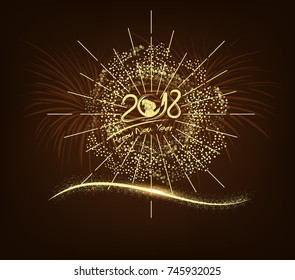 Happy new year 2018 Card with Starburst and fireworks. Year of the dog