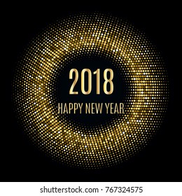 Happy New Year 2018 Card Vector Background. Gold Bright Disco Lights Halftone Circle Frame with 2018 Happy New Year text template. Golden Round border using halftone circle dots.