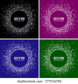 Happy New Year 2018 Card Set Vector Backgrounds. Bright Colorful Disco Lights Halftone Circle Frames. Round borders using violet, blue, green, grey confetti circle dots texture.