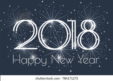 Happy New Year 2018 card with fireworks glowing fire on blurred blue background. Poster, greeting card, banner or invitation. Vector illustration EPS 10.