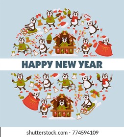 Happy New Year 2018 cartoon dog celebrating holidays greeting card design template.
