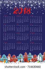 Happy New year 2018 celebration calendar. Lttle town in winter night.Houses in the Dutch style. Snowflakes background.Vector