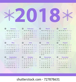 Happy New year 2018 celebration European calendar with snowflakes. Stock vector template, easy to use.