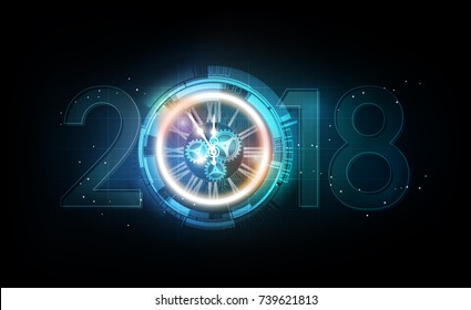 Happy New Year 2018 celebration with white light abstract clock on futuristic technology background, countdown concept, vector illustration