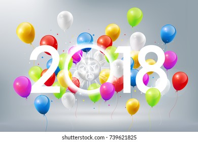 Happy New Year 2018 celebration with colorful balloons and white light abstract clock on white background, magic moment countdown concept, vector illustration