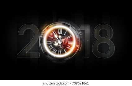 Happy New Year 2018 celebration with white light abstract clock on futuristic technology background, countdown concept, vector illustration