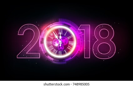 Happy New Year 2018 celebration with pink light abstract clock on futuristic technology background, countdown concept, vector illustration