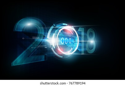 Happy New Year 2018 celebration with white light abstract digital clock on futuristic technology background, countdown concept, vector illustration