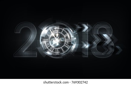 Happy New Year 2018 celebration with white light abstract clock on futuristic technology background, countdown concept, vector illustration