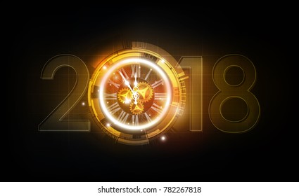 Happy New Year 2018 celebration with golden light abstract clock on futuristic technology background, countdown concept, vector illustration