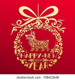 Happy new year 2018. Chinese oriental zodiac symbol Dog with Christmas ball and text. Year of Dog greeting card, print and poster. Gold corgi dog silhouette