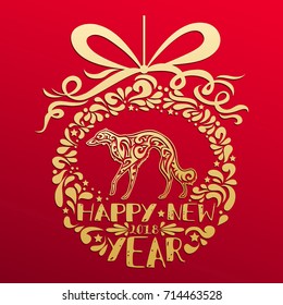 
Happy new year 2018. Chinese oriental zodiac symbol Dog with Christmas ball and text. Year of Dog greeting card, print and poster. Gold greyhound dog silhouette