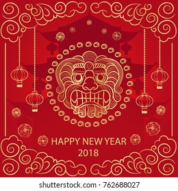  Happy new year 2018. Chinese poster with the symbol of the dog's head in the circle, Chinese lanterns, clouds, flowers and pagoda on a red background. Vector illustration.