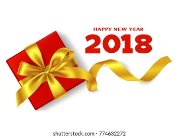 Happy New Year 2018. Chinese New Year background with traditional red gift box and yellow golden bow, long decorative ribbon  and 2018 greeting text