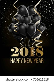 Happy New Year 2018 Christmas ball balloon decoration confettti vector golden background