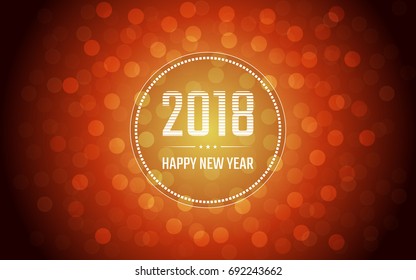 happy new year 2018 in circle with bokeh and lens flare pattern on summer orange color background