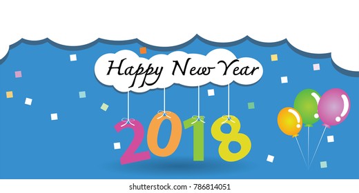 Happy new year 2018 with cloud and balloon.