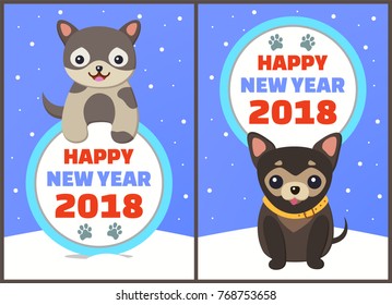 Happy New Year 2018, collection of placards with titles in circular frame, dogs wearing blue collars and snowflakes isolated on vector illustration