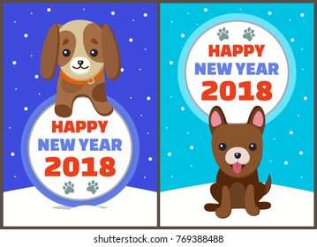 Happy New Year 2018, collection of placards with titles in circular frame, dogs wearing blue collars and snowflakes isolated on vector illustration