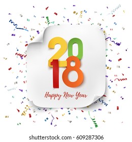 Happy New Year 2018. Colorful paper type on background with ribbons and confetti. Greeting card, brochure, poster or flyer template. template. Vector illustration.