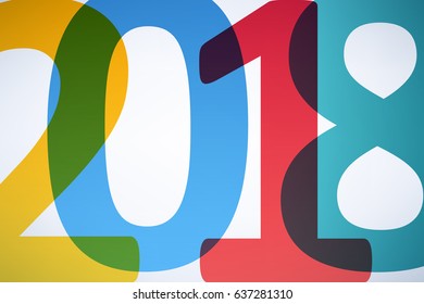 Happy New Year 2018 colorful symbol background. Calendar design typography vector illustration. Overlapping digits design with shadows. Postcard design with greetings.