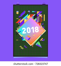 Happy New Year 2018 colorful abstract design, vector elements for calendar and greeting card.