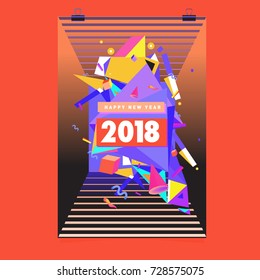 Happy New Year 2018 colorful abstract design, vector elements for calendar and greeting card.