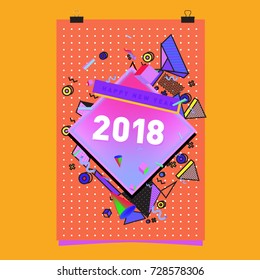 Happy New Year 2018 colorful abstract design, vector elements for calendar and greeting card.