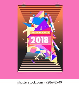 Happy New Year 2018 colorful abstract design, vector elements for calendar and greeting card.
