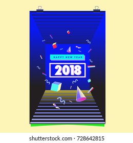 Happy New Year 2018 colorful abstract design, vector elements for calendar and greeting card.