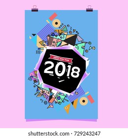 Happy New Year 2018 colorful abstract design, vector elements for calendar and greeting card.