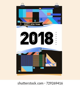 Happy New Year 2018 colorful abstract design, vector elements for calendar and greeting card.