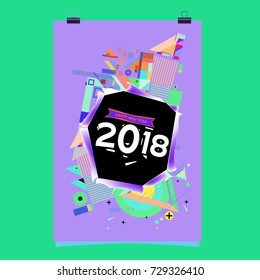 Happy New Year 2018 colorful abstract design, vector elements for calendar and greeting card.