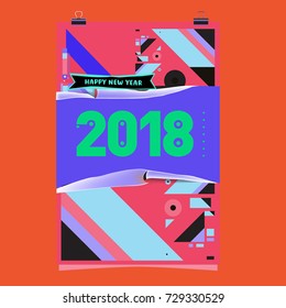 Happy New Year 2018 colorful abstract design, vector elements for calendar and greeting card.