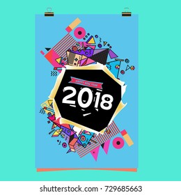 Happy New Year 2018 colorful abstract design, vector elements for calendar and greeting card.